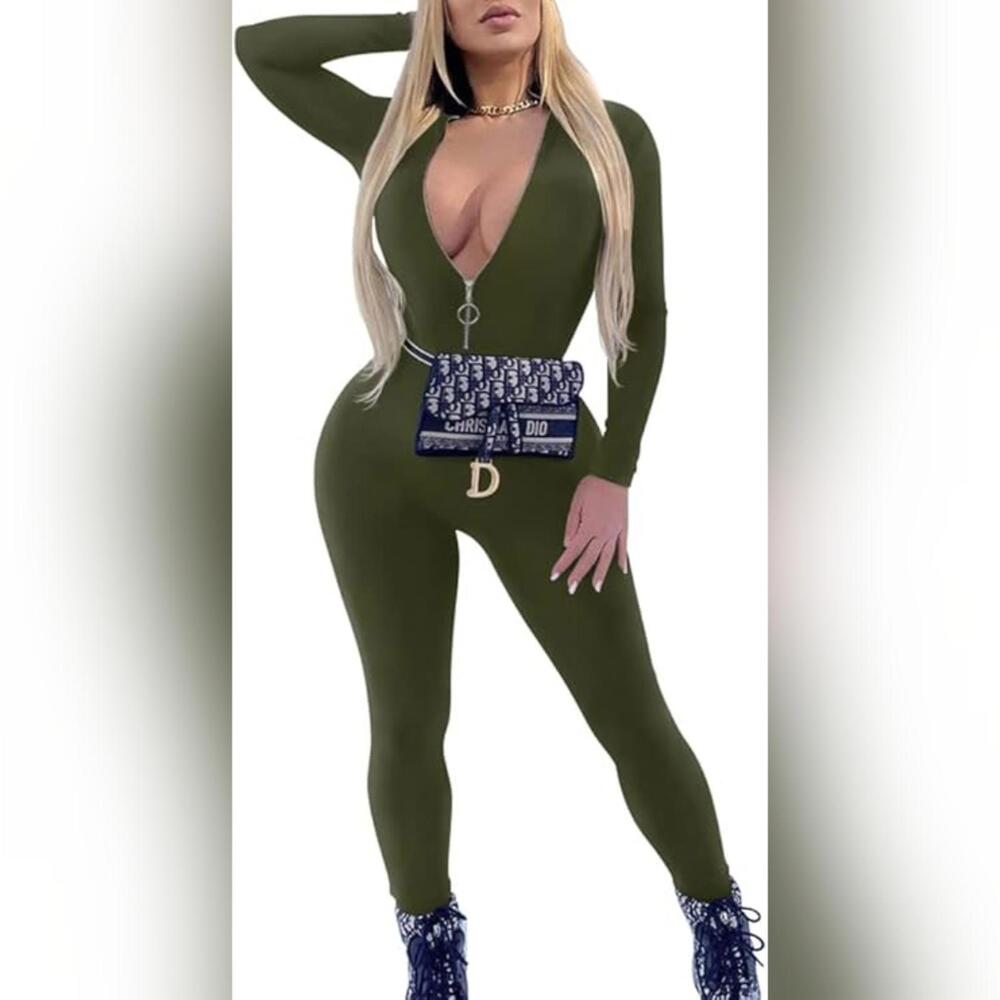 NWT ZileZile Bodycon Solid Long Sleeve Zipper Jumpsuit, Green, XL (14-16)